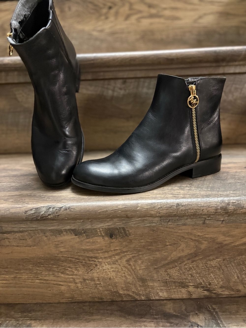 Michael Kors Black Leather Ankle Booties with Gold Logo Zip